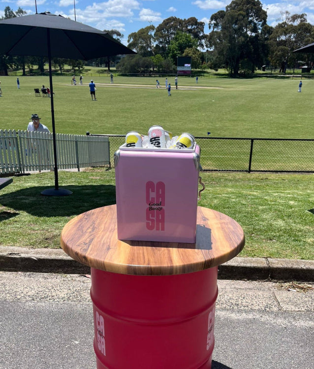 A pink cooler bag filled with Casa drinks with 'CASA' printed on it sits on top of a red metal barrel in an outdoor park setting. The background shows a grassy field with people playing cricket under a blue sky with clouds, with a black patio umbrella on the left.